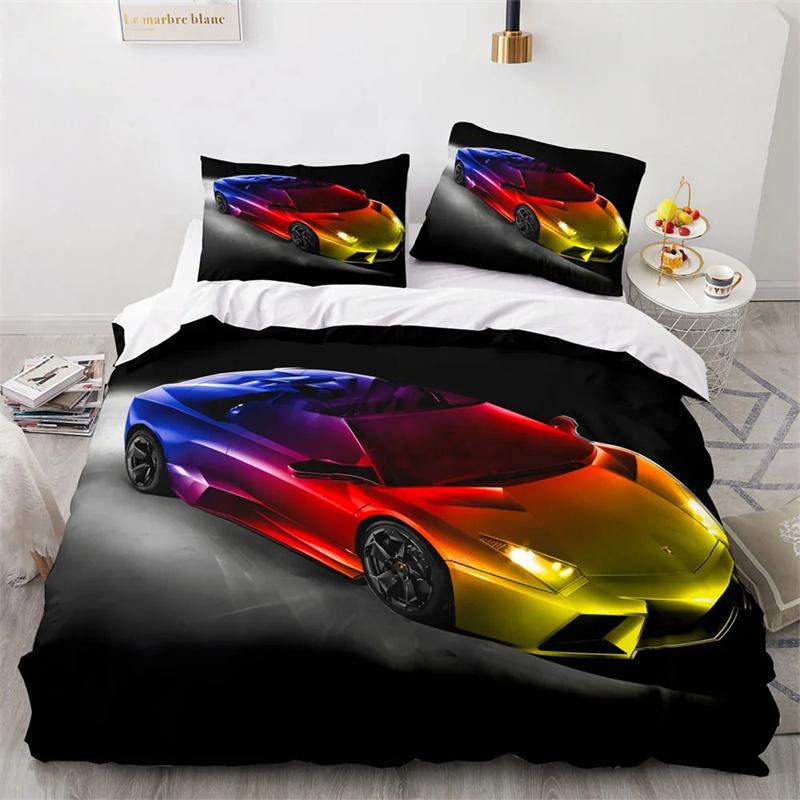 Sportwagen Königin König Bettbezug Cool Bunt Supercar Muster Bettwäsche Kollektion Für Männer Erwachsene Rennwagen 23 Teile Polyester Steppdeckenbezug