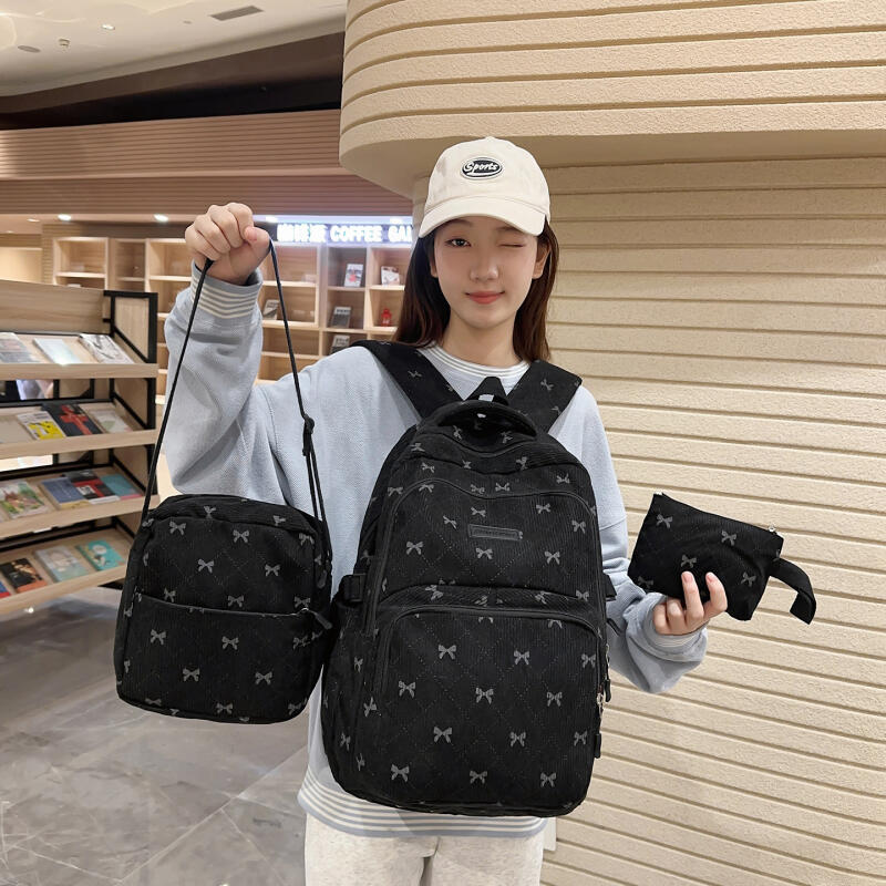 Dreiteiliger Schleifen-Rucksack Cord-Rucksack Schülerschultasche