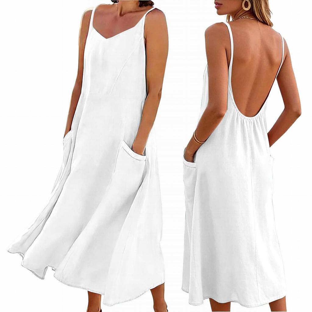 Women's Fashionable Casual -Color -Neck Backless Dress With Pockets