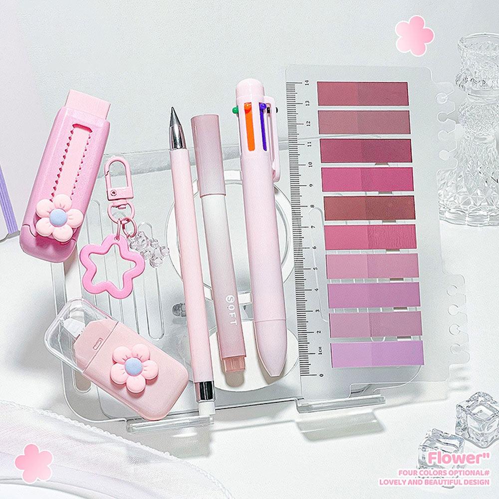 

7pcs Index Tabs Cute Stationery Set Push Pull Eraser Aesthetic School Supplies Student Gift розовый