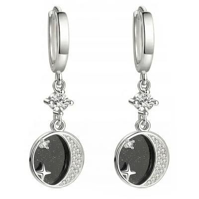 925 Silver Earrings Hanging Cairo Night Moon Star Zircons Women'