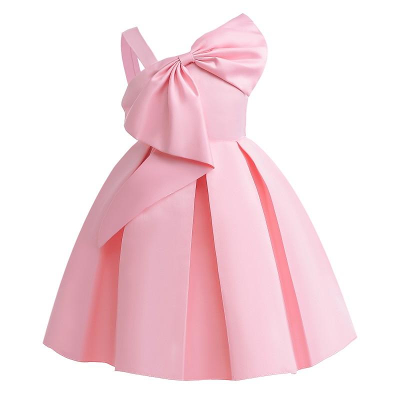 Girls One Shoulder Dress Solid Color Princess Party Kids 3-8 Years