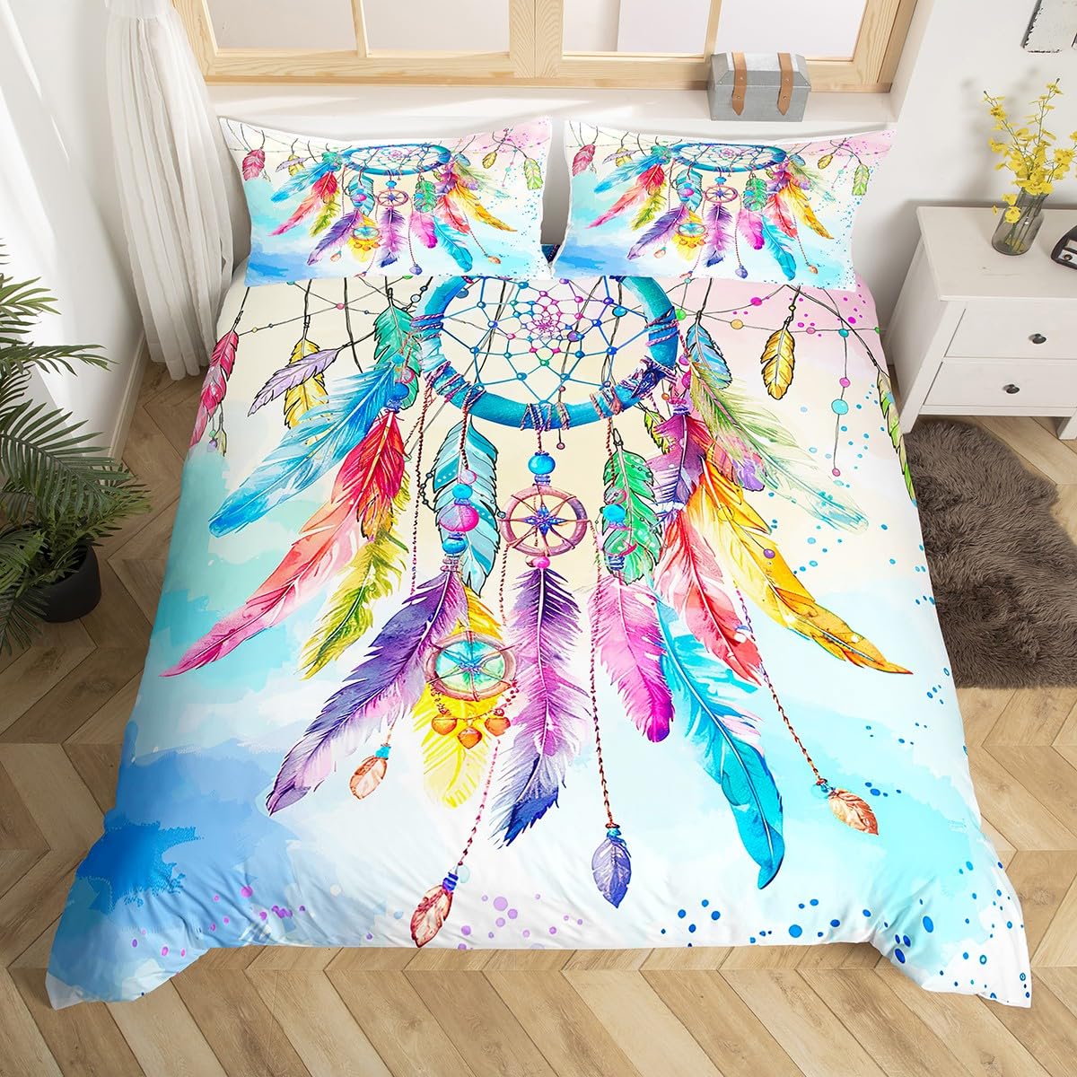 

Comforter Dream Catcher Queen Twin Ethnic Tribe Arrow Comforter Vintage Exotic Nordic Style Bohemian Feather Bedding Set Comforter (quilt)-EU Single(135*200cm)3pcs