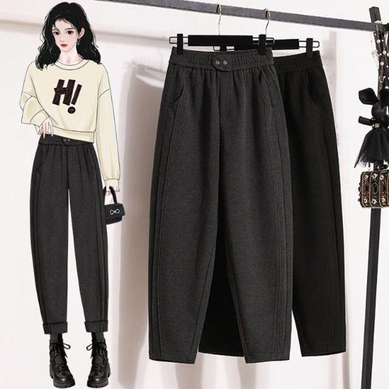 Women's High-Waist Fleece-Lined Harem Pants - Slimming, Elastic, Plus Size, Autumn/Winter Casual Fashion.