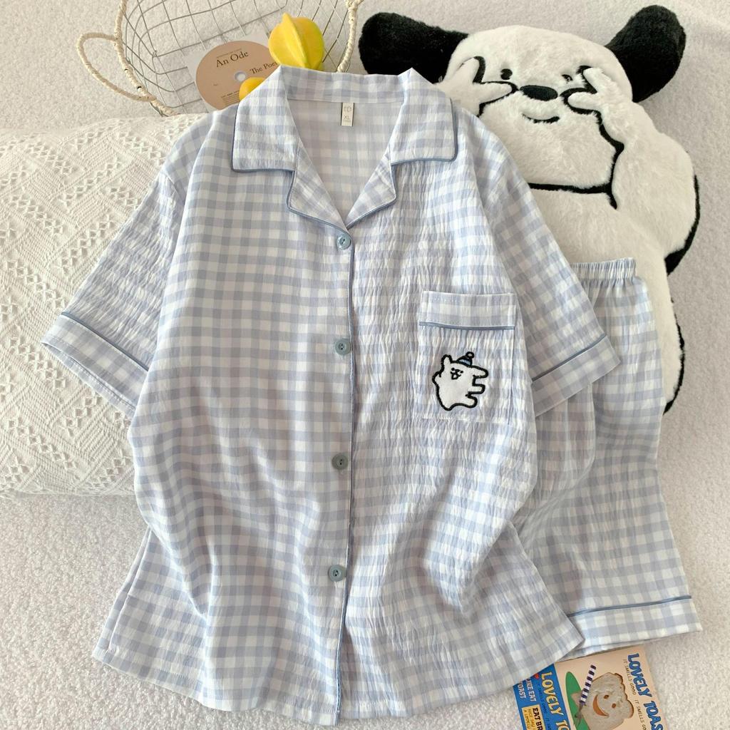 Women's Cartoon Cloud Cotton Pajama Set - Cardigan, Short Sleeve, Shorts, Home Wear