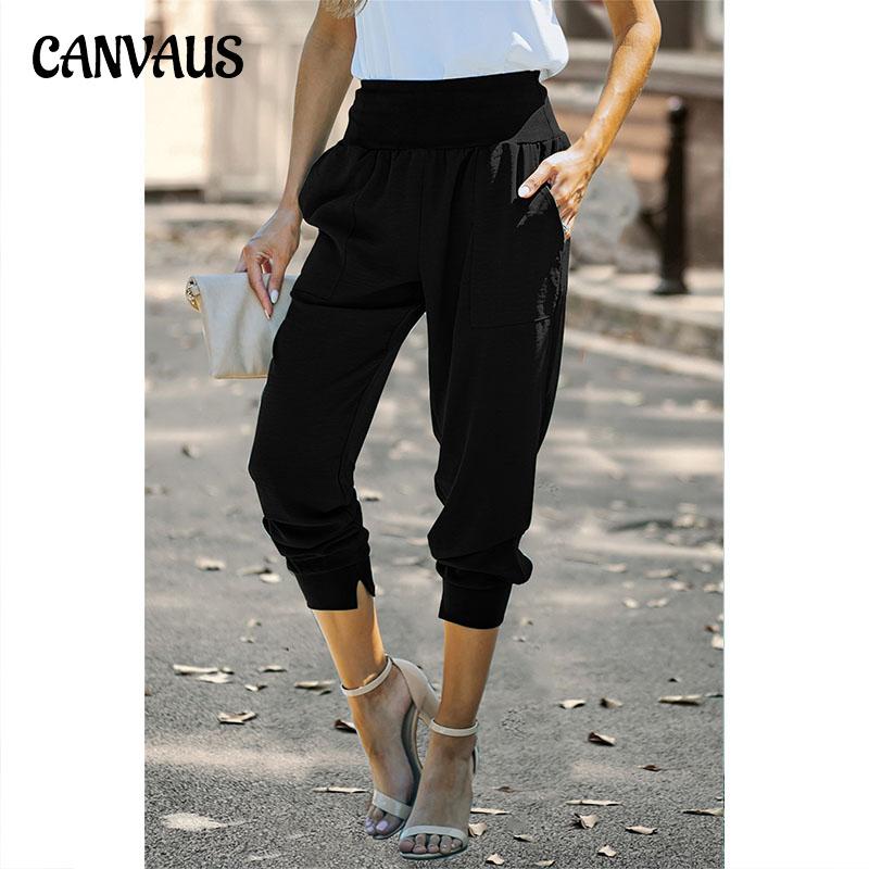 Sommar dambyxor Enfärgad hög midja ribbad bunt fotficka niopunktsbyxor Casual byxor