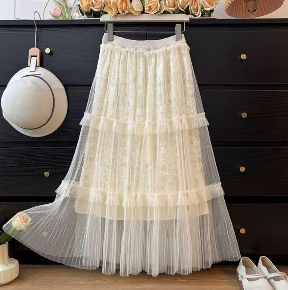 Women's Fairy Embroidered Mesh Midi Skirt - High Waist, Slimming, Fluffy Cake Design for Autumn/Winter