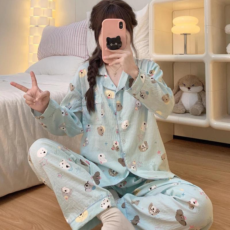 Autumn Winter New Long Sleeve Women's Pajamas Set Warm Korean Casual Dog Print Sleepwear Women's Sweet Cute Pajamas Set