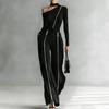 Chic Asymmetric Neckline Top and Pants Set Elegant Women's High Waist Gold Zipper Wide Leg Trousers Two Piece Set Party Outfits