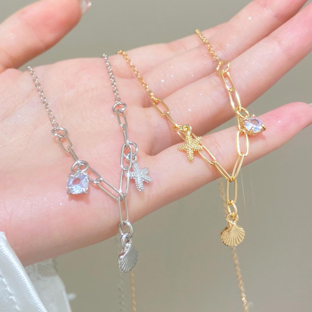 2026 Alloy Starfish & Shell Pendant Necklace for Women Inlaid Zircon INS Trend Simple Fashion Clavicle Chain Jewelry