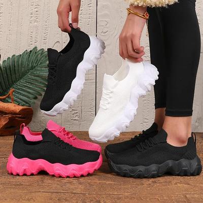 Women'S Lace Up Sports Shoes Breathable In Summer Thick Sole With Multi-Color Design Vulcanized Shoes Track Field Running Shoes