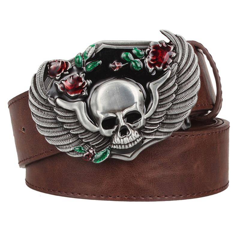 Rose Skull Wings Metal Buckle Cool Leather Belt Skeleton Head Heavy Metal Rock Style Street Decorative Waistband