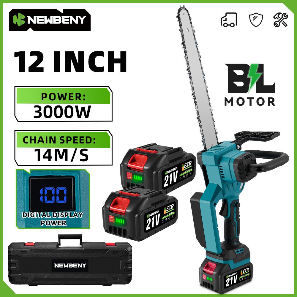 Newbeny Motosega elettrica senza spazzole da 12 pollici con display a LED, sega da giardino per il taglio del legno senza fili, per batteria Makita da 18 V