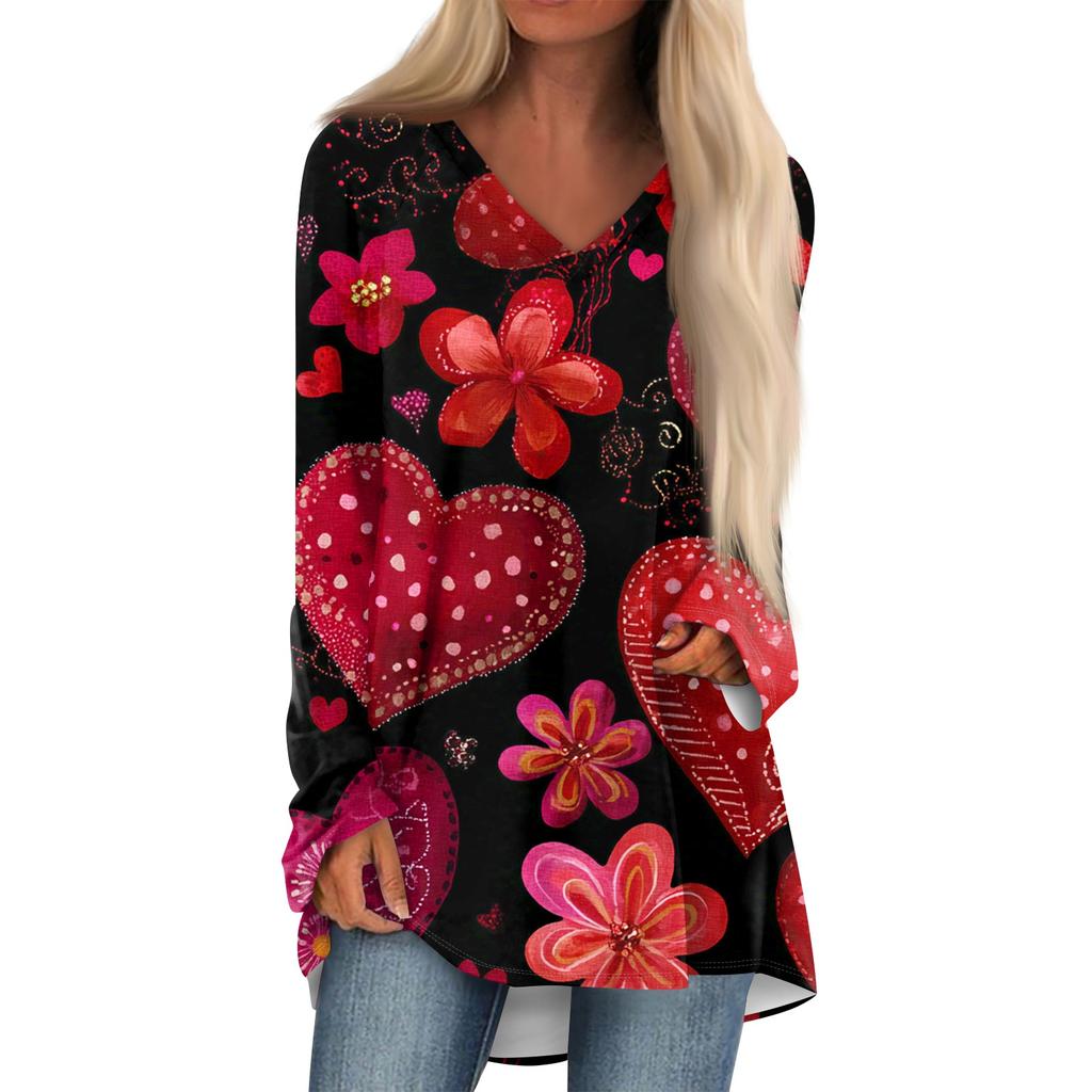 Women's Fashionable Casual Long-Sleeved Valentine's Day Print V-Neck Mid-Length Top