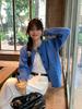Women's Blue Knit Cardigan Coat - Loose Korean Style, Early Autumn, Long Sleeve Sweater