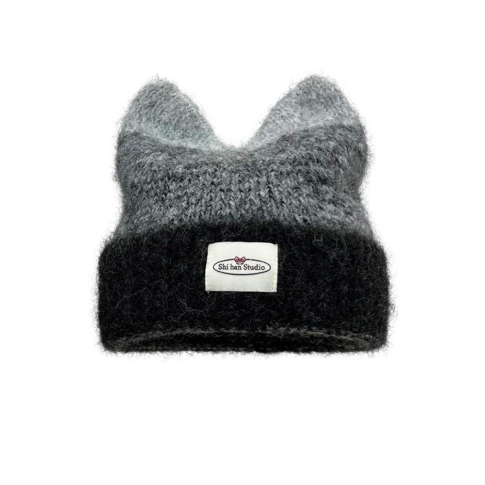 New Gradual Change Color Knitted Hat Yarn Warm Winter Hat Cat Ears Shape Cute Beanie Hat Women