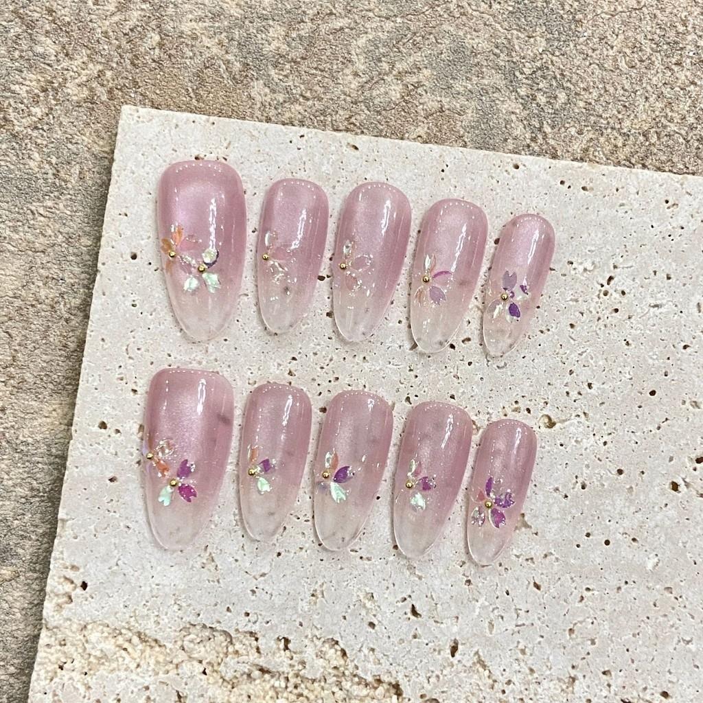 100% HANDMADE Artificial Nail Almond Shape Aurora Cherry Blossom Chasing Light Cat Eye Ice Transparent Gradient Press On  Nails  Reusable