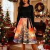 Women's Fashion Round Casual Slim Fit Christmas Print Large Swing Long Sleeve Dress
