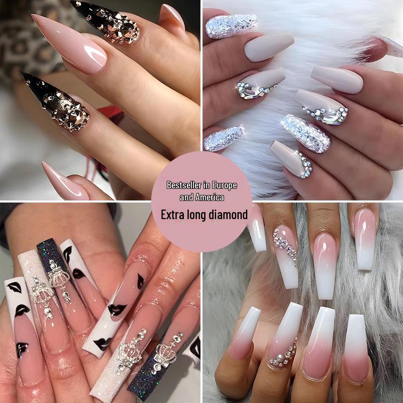 

Diamond-Studded Long Press-On Nails, European & American Nail Art Stickers
