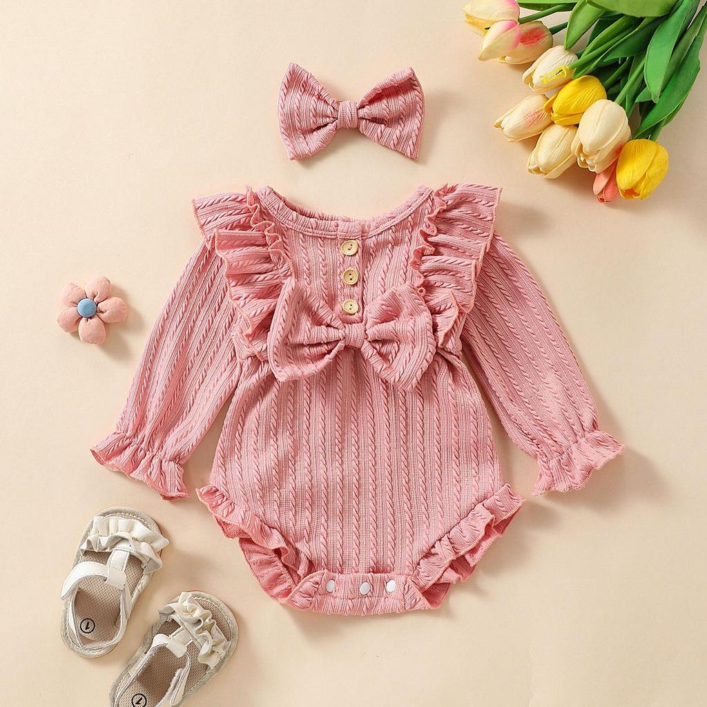 E2302A Toddler Girls' Princess Bow Romper with Headband - Sweet Long Sleeve Two-Piece Outfit