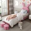 Jugendbett Polsterbett 90x200, mit zwei Stauraumhockern, LED-Nachttischleuchte, Ausklappbare Hasenohren, Ohne Matratze, Bett, Lattenrost, Höhenverstellbar