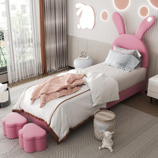 Polsterbett 90x200, mit zwei Stauraumhockern, LED-Nachttischleuchte, Ausklappbare Hasenohren, Ohne Matratze, Jugendbett, Lattenrost, Höhenverstellbar