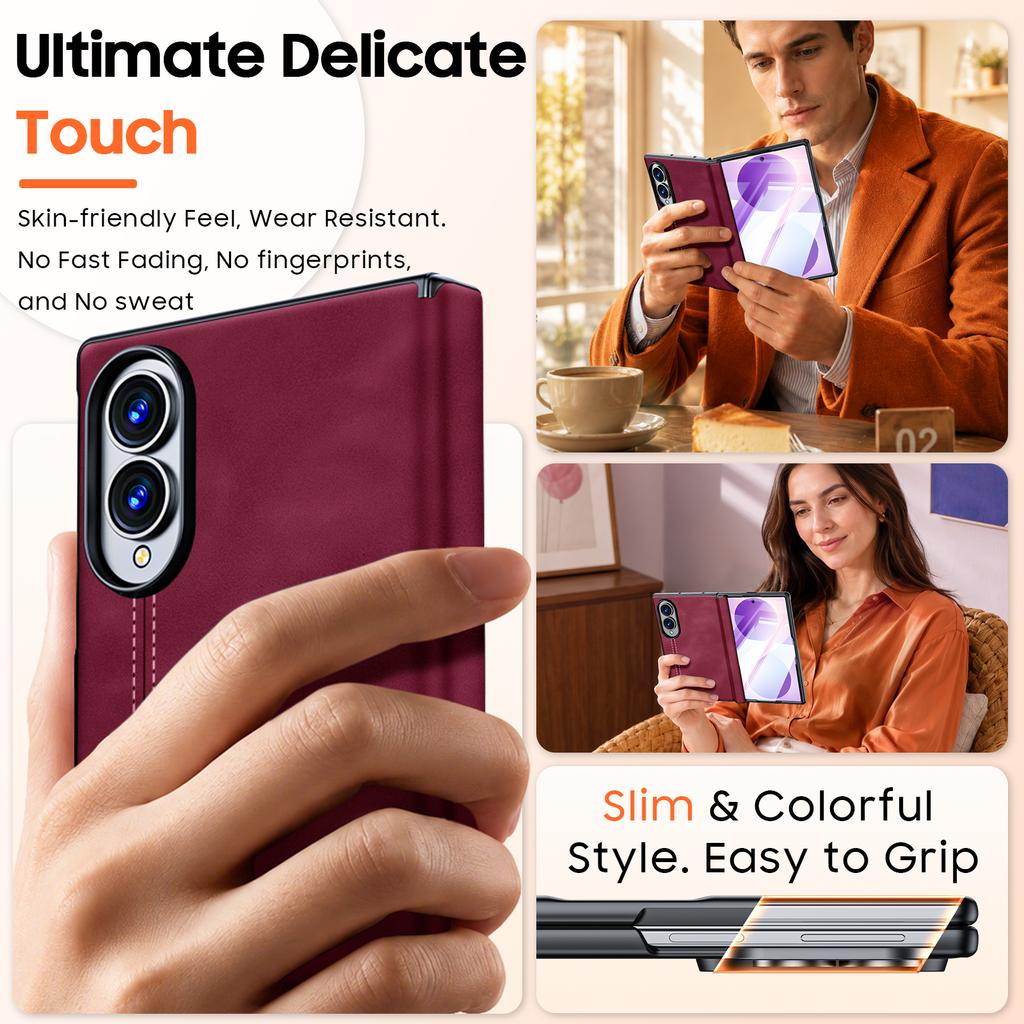 Samsung Galaxy Z Fold 8 Folding Phone Case with Leather Finish Shockproof Protection and HD Screen Protector-Red