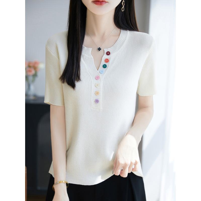 Design-inspired Button-up Knitted Short-sleeved T-shirt for Women, New Style, Summer Lightweight Base Layer
