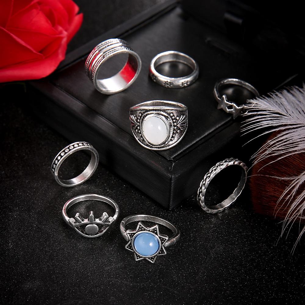 Legierung Antik Silber Teufelsauge Stern Edelstein 8-teiliger Damenring