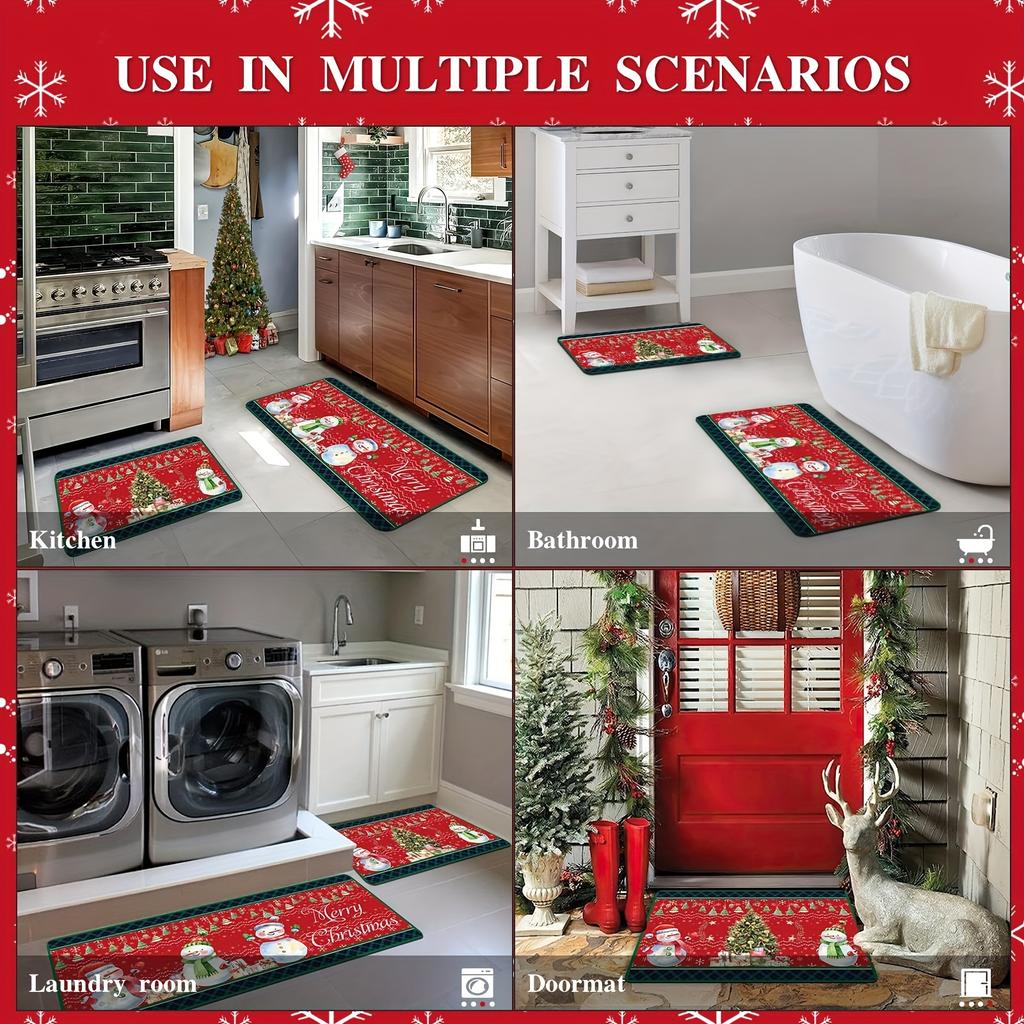 Set Christmas Kitchen Floor Mats Non Slip Washable Snowman Plaid Tree Snowflake Runner Rug for Family Xmas Holiday Decor