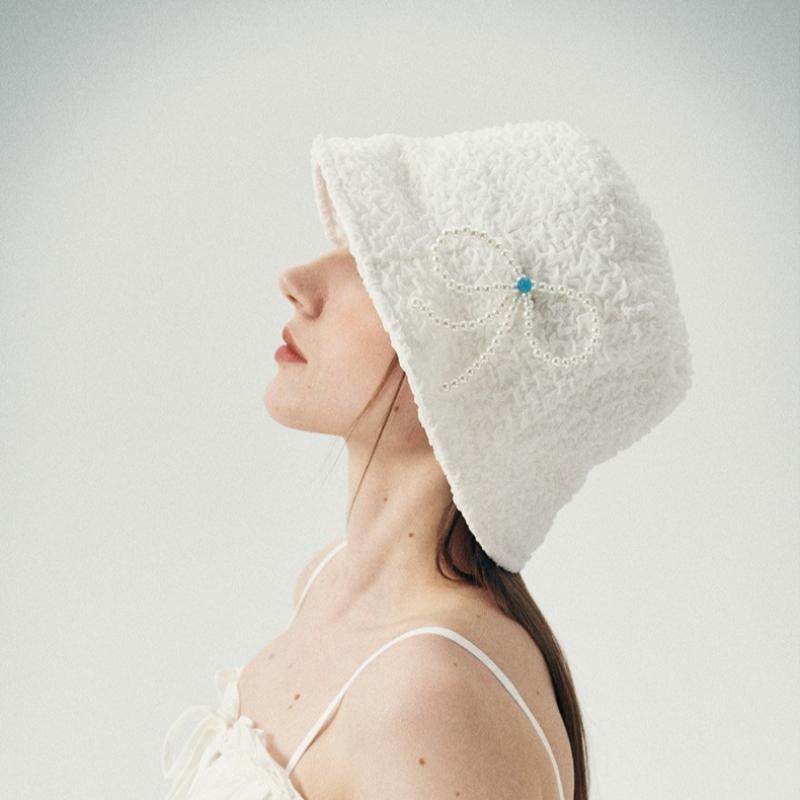 Allincomplete Pearl Crinkle Bucket Hat White