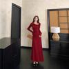Elegant Red Boat Neck Dress: Stunning Beach Birthday Outfit with Waist-Cinching Skirt