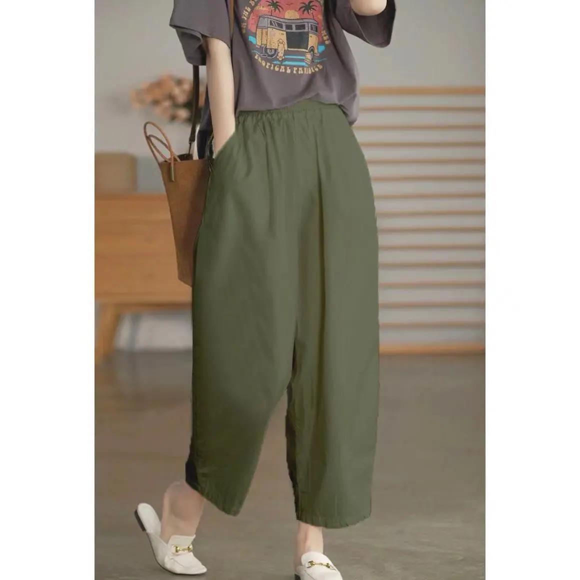 

Женские летние брюки с высокой талией, широкие укороченные брюки в стиле ретро, повседневные свободные мешковатые брюки из хлопка и льна для женщин S зелёный