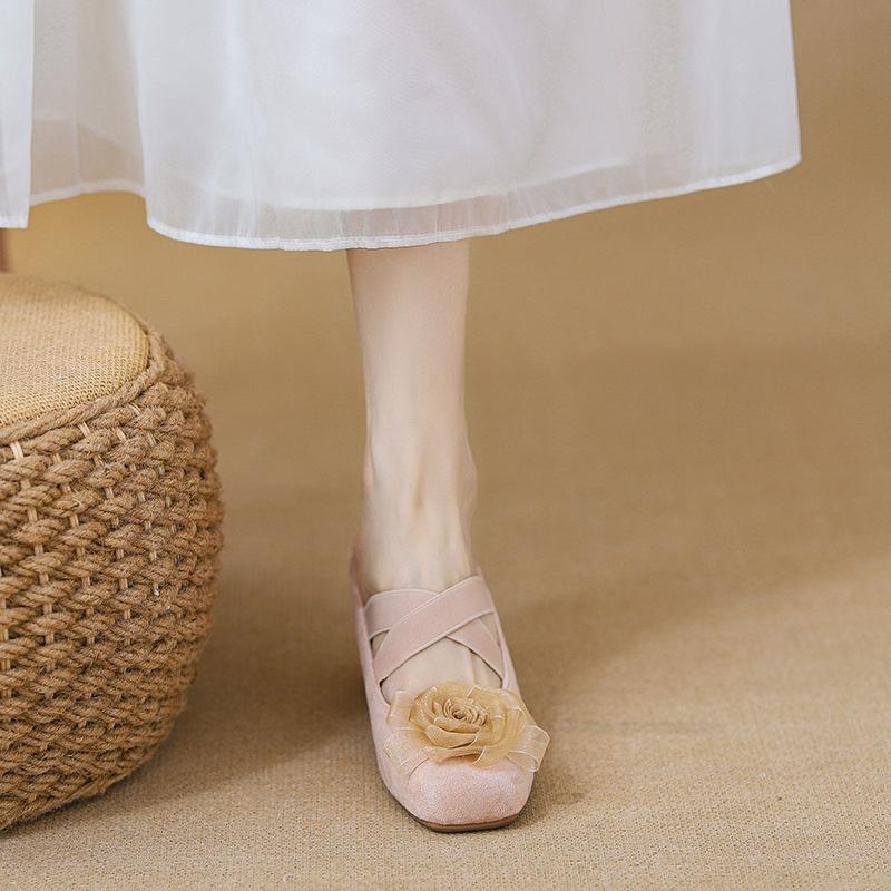 Coarse Heel Single Shoes Single Shoes Gentle Flower Mary Jane Bag Head Half Drag Women's Shoes