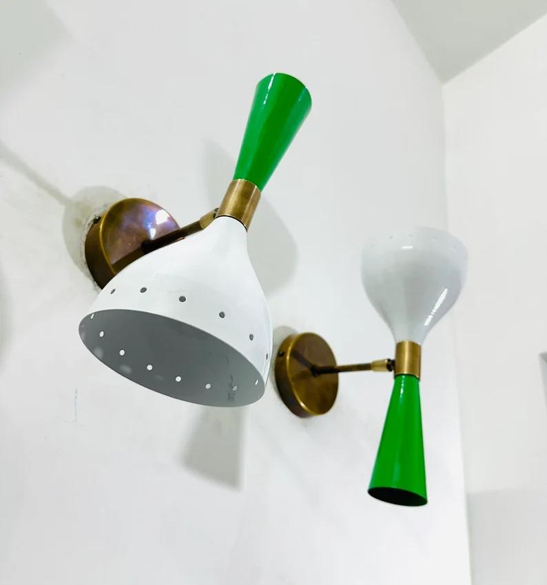 Mid Century Diabolo Wall Sconce: Brass, Green & White, Set of 2