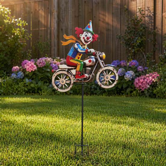 Spinning Clown Motorcycle Wind Spinner, Rotating Wheels Metal Kinetic Yard Art with Stake, Weatherproof Windmill Sculpture for Outdoor Lawn Patio