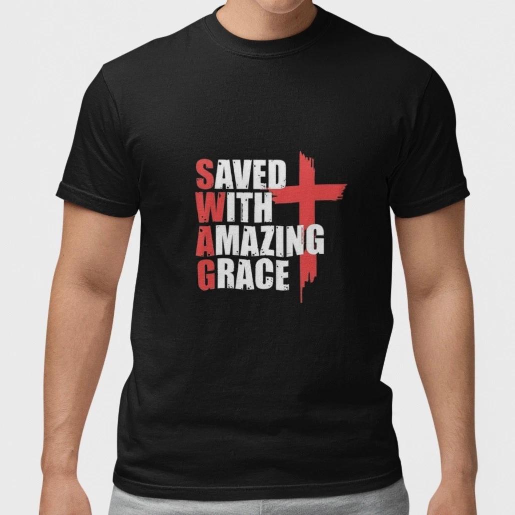 Saved With Amazing Grace Christian Cross Faith Jesus Religious T-Shirt Unisex M