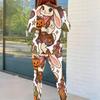Women Plus Size Cartoon Printed Round Neck Long Sleeve Top Fitted Pants Two Piece Set