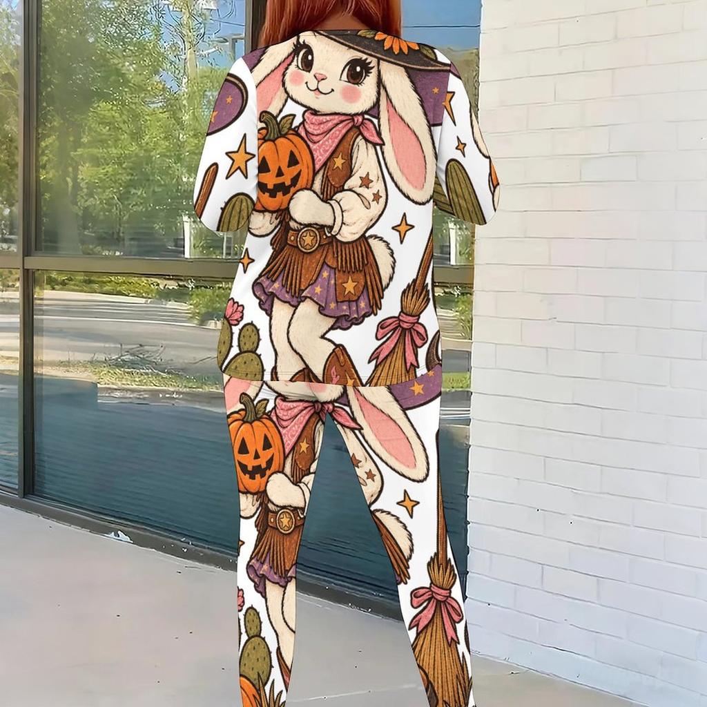 Women Plus Size Cartoon Printed Round Neck Long Sleeve Top Fitted Pants Two Piece Set