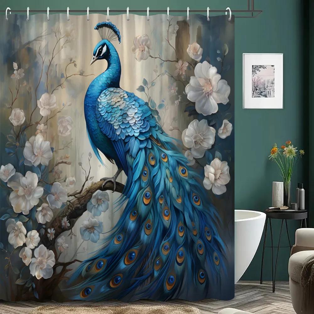 Beautiful Peacock Shower Curtain Blooming Flower Botanical Watercolour Artistic Creation Polyester Shower Curtain Bathroom Dec