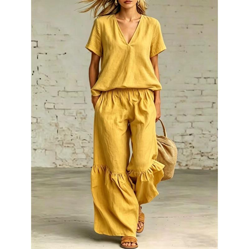 TIFICY Women's Fashion Casual Summer Spring Solid Color Print Short Sleeve V-Neck Trousers Pants Suits