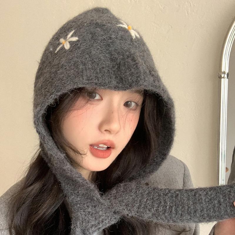Women Warm Windproof Ear Protection Hat Scarf Small Flower Casaul Knitted Hat