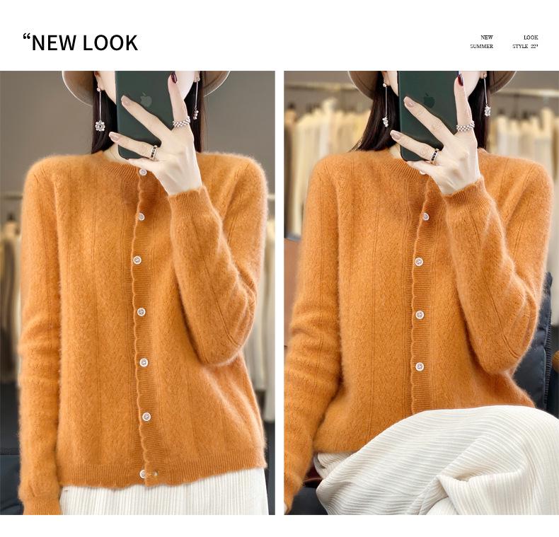 Women's Loose Knit Pure Wool Cardigan - Wheat Ear Design for Autumn Winter