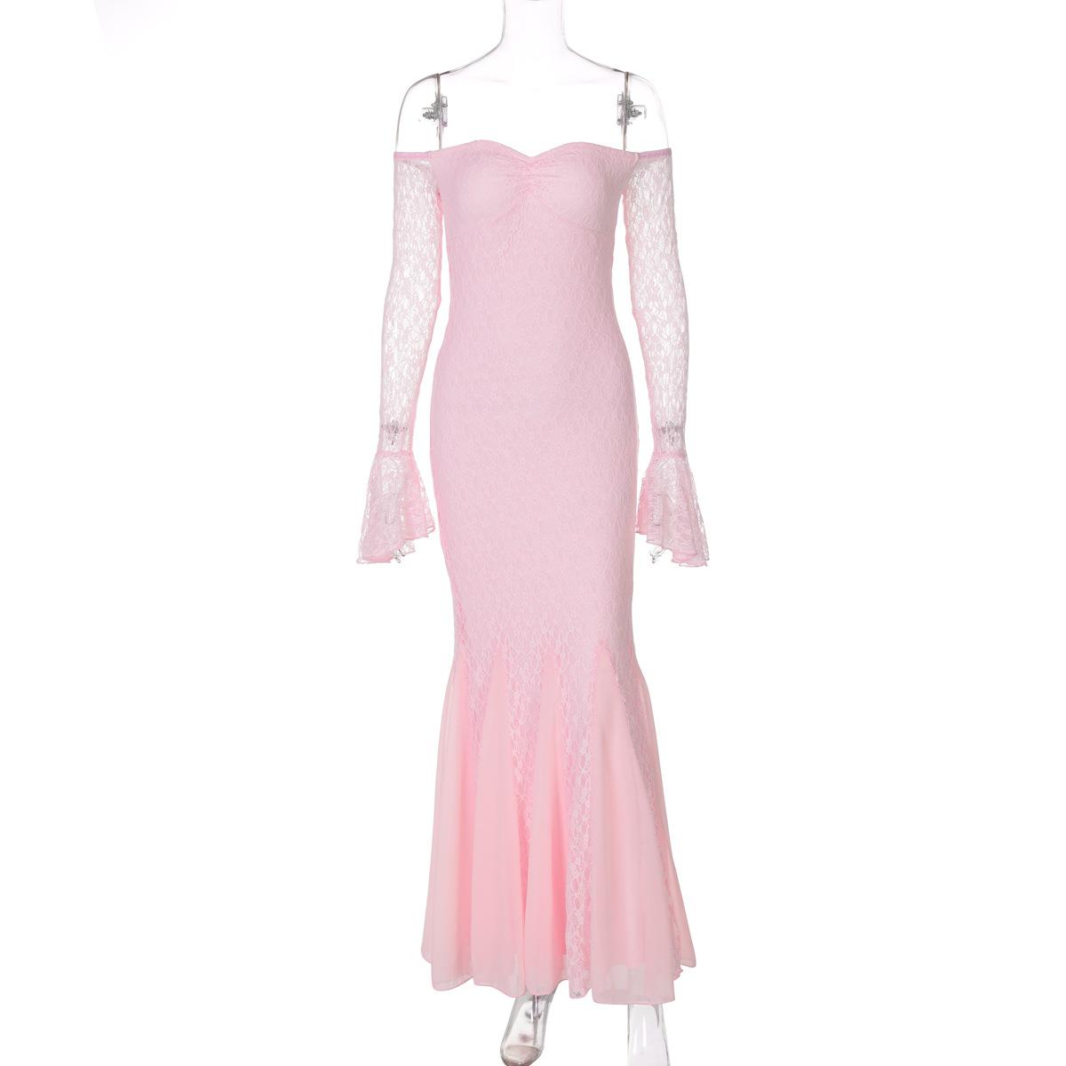 

Новое платье сексуальное с запахом на груди, сшитое, с кружевными рукавами, облегающее, длинное, модное, вечернее платье-рыбка S розовый