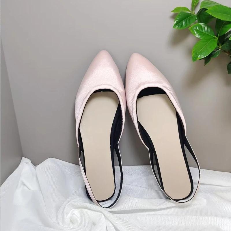 Fashion Autumn New Baotou Sandals Women's Pointed Toe Shallow Mouth Satin Soft Sole Non-slip Wear-resistant Low Heel Shoes