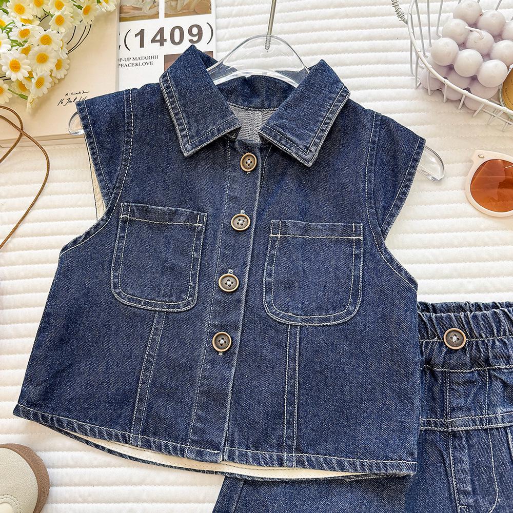 Girls' Trendy Korean Style Denim Vest & Shorts Set - Summer 2026 Fashion