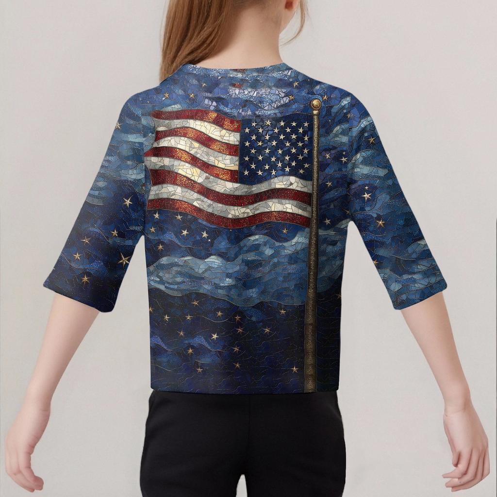 Children's Fashion Printed Round Neck Three-quarter Sleeve Top Casual T-shirt