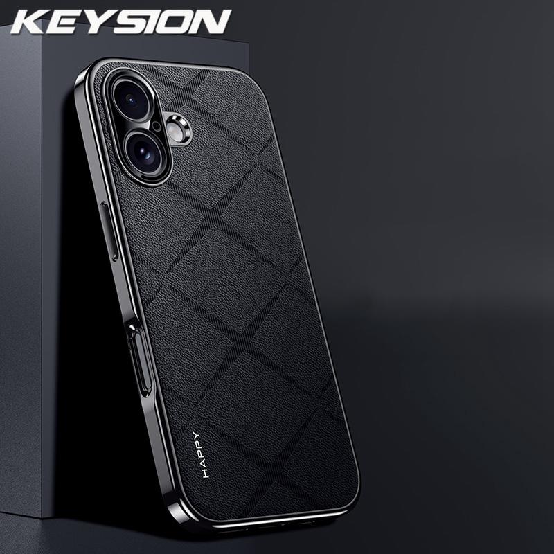 KEYSION Luxury Grid Pattern PU Leather Case for iPhone 17 Pro Max Plating TPU Camera Protection Phone Cover for iPhone 17 Air