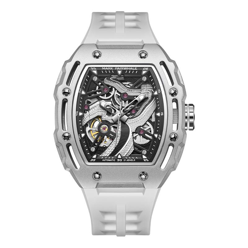 Mark Fairwhale Automatic Mechanical Watch for Men 46mm Alloy Case Rubber Band Waterproof Luminous Skeleton Embossed Dial