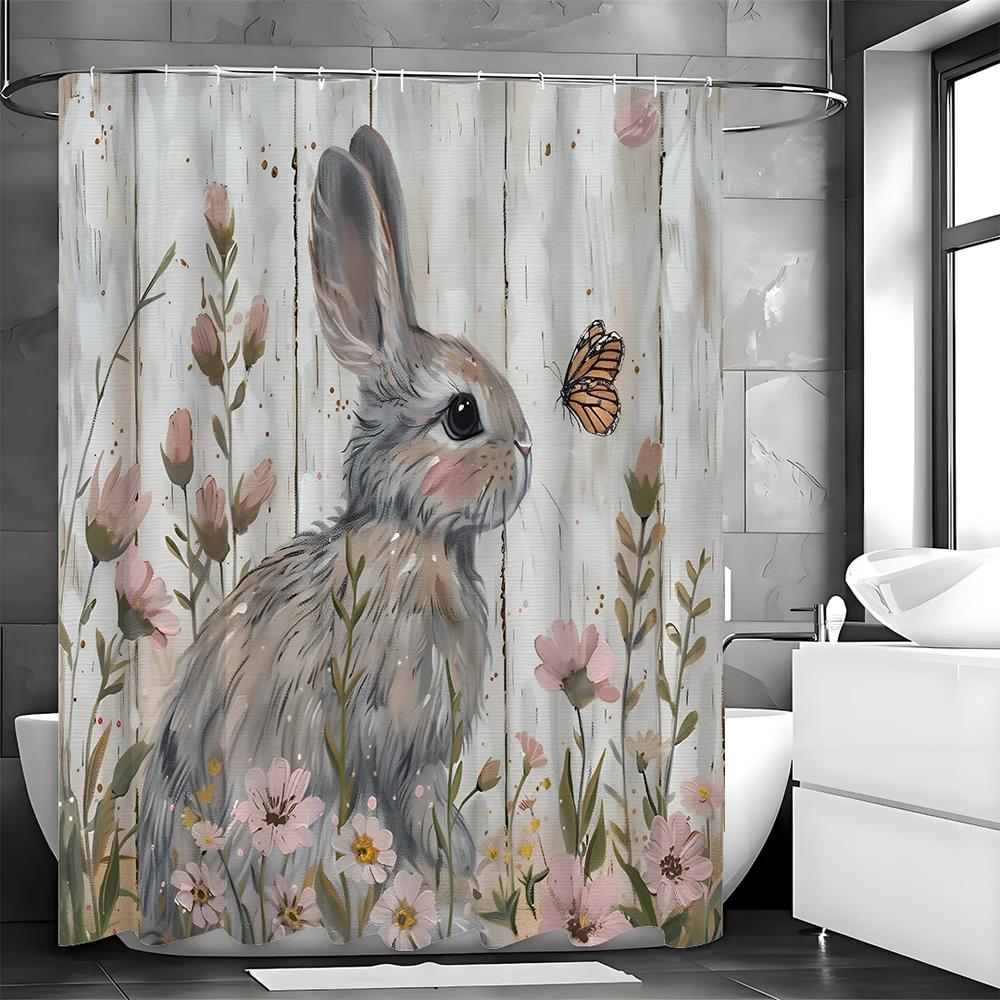 Cute Bunny Shower Curtain, Spring Floral Bathroom Decorative Shower Curtain, Waterproof Shower Curtain With Hooks